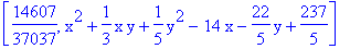 [14607/37037, x^2+1/3*x*y+1/5*y^2-14*x-22/5*y+237/5]